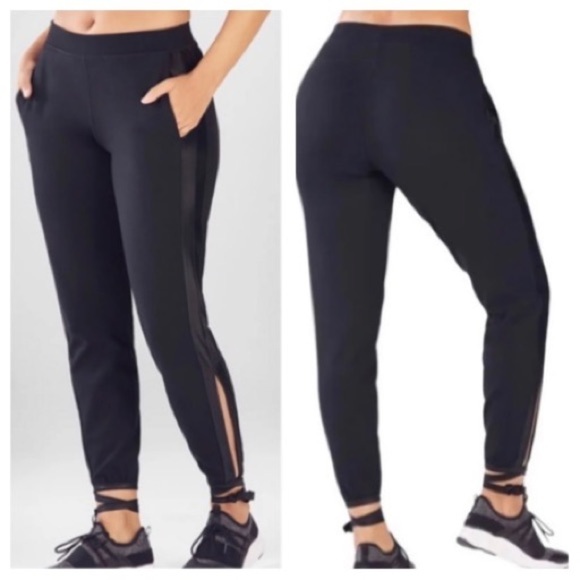 Fabletics Athletic Black Kara Ankle Tie Satin Stripe Jogger High Waisted Pants - Picture 1 of 8